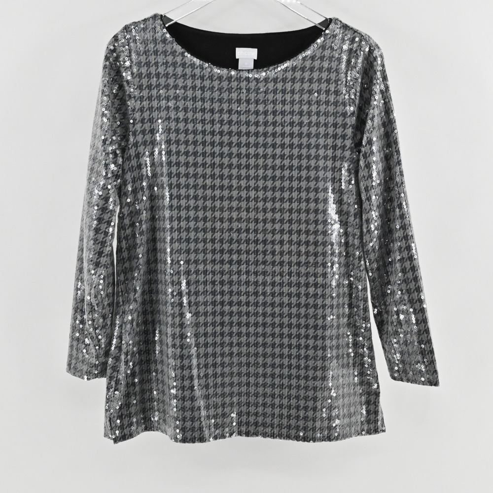 Chicos Womens Sequin Houndstooth Top Size S Silver Black Long Sleeve Tunic Glam - Picture 1 of 13